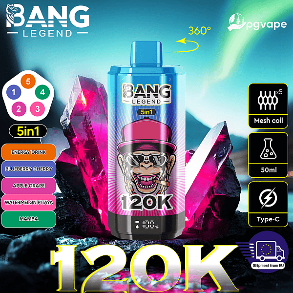 Bang Legend 5in1 vape bottle with pink cap and 120K label, neon crystals; features 50ml, mesh coil, Type-C, EU shipping.