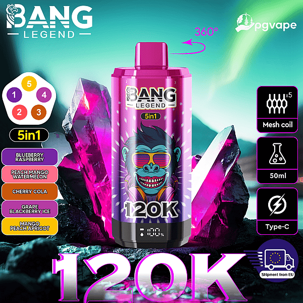 Pink Bang Legend 5in1 vape bottle with a blue sunglasses-wearing monkey, 360° rotation, mesh coils x5, 50 ml, Type-C.