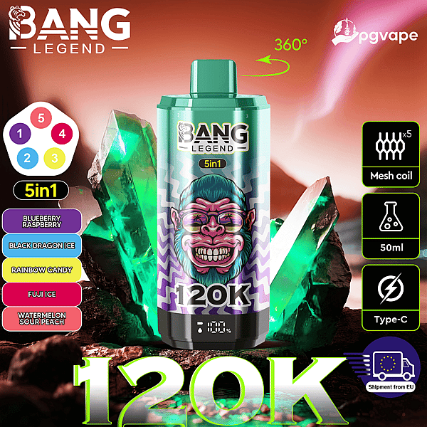 Bang Legend 5in1 120K vape bottle with 50ml, mesh coil, and Type-C; flavors Blueberry Raspberry and Black Dragon Ice.