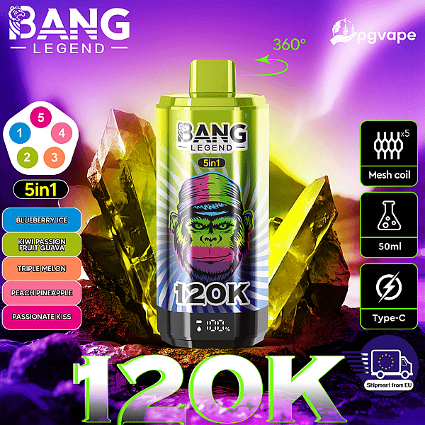 Bang Legend 120K vape bottle at center with green hue, 5in1 flavors listed, and 360° icon; crystals backdrop.