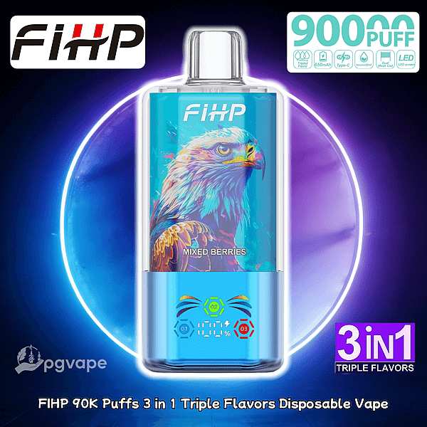FIHP disposable vape with blue eagle artwork and Mixed Berries label; clear body, blue base, 3in1 flavors.
