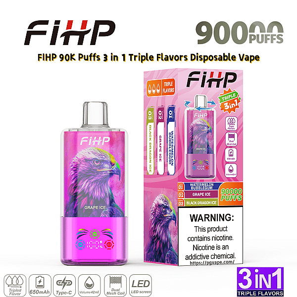 FiHP pink grape ice disposable vape with an eagle graphic, displayed beside its pink triple-flavor packaging.
