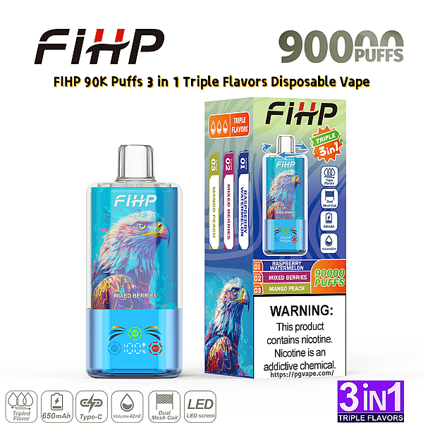 Blue FIHP disposable vape with eagle artwork next to a three-flavor box: Mango Peach, Raspberry Watermelon, Mixed Berries.