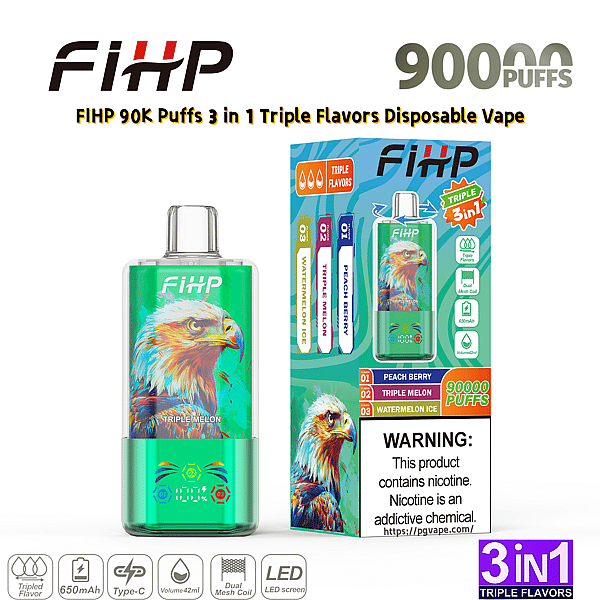 FIHP disposable vape with teal body and colorful eagle artwork, shown with a box advertising 3 in 1 triple flavors.