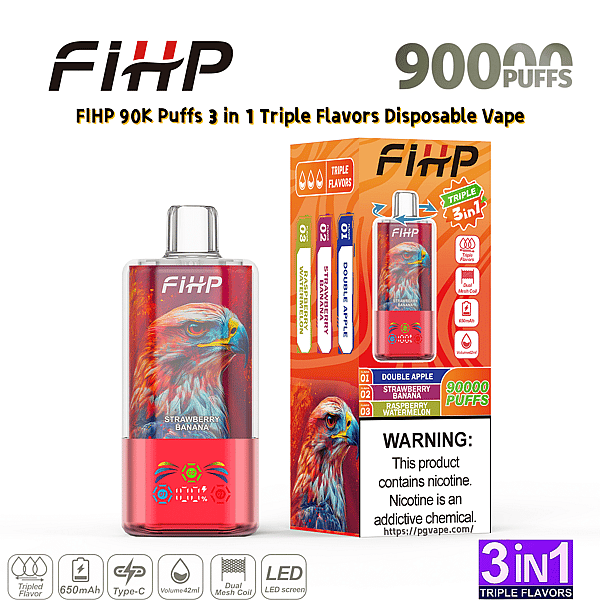 FiHP 90K disposable vape with a bird illustration on a pink body, beside an orange 3-in-1 Triple Flavors box featuring Strawberry Banana.