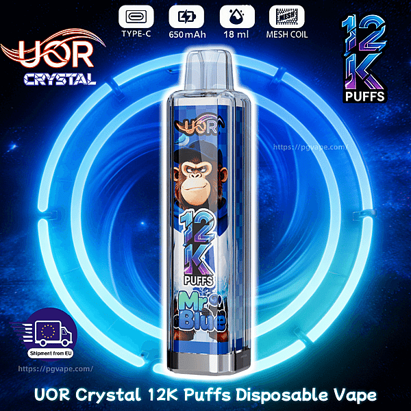 Transparent disposable vape pen branded UOR Crystal, featuring 12K Puffs Mr Blue, set against a neon backdrop.