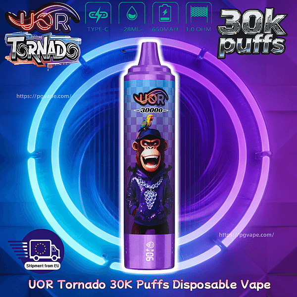UOR Tornado 30K Puffs disposable vape bottle with a purple cap, featuring a hoodie-wearing monkey and a parrot on its shoulder against neon rings.