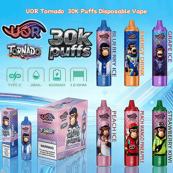 UOR Tornado 30K puffs disposable vapes with monkey artwork in flavors like Blueberry Ice, Energy Drink, Grape Ice, Peach Ice, and Strawberry Kiwi.