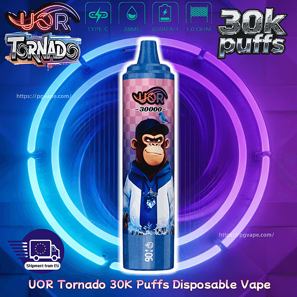 UOR Tornado 30K Puffs disposable vape with a cartoon monkey in a blue hoodie on a neon ring background.