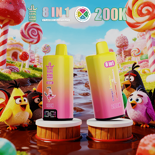Two gradient yellow-to-pink vape bottles labeled 8 in 1 and 200K stand on wooden pedestals in a candyland scene with colorful birds