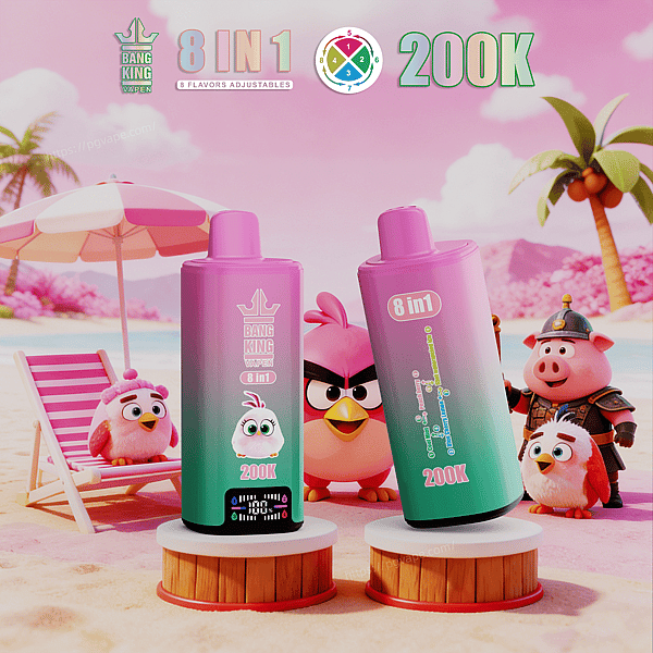 Two pink-to-teal Bang King 8 in 1 vape bottles with 200K sit on wooden pedestals on a pink beach, with cartoon birds and a pig in armor nearby.