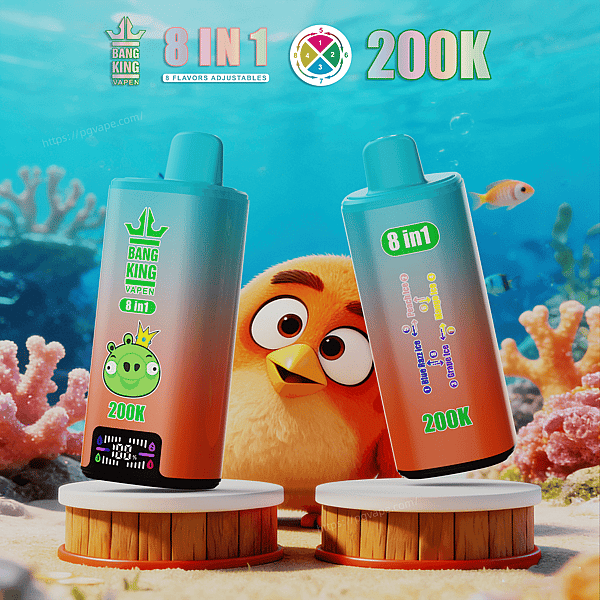 Two turquoise gradient Bang King 8 in 1 vape bottles labeled 200K, with a cartoon chick in an underwater coral backdrop.