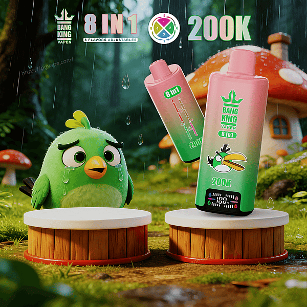 Green cartoon bird crying beside two pink gradient 8-in-1 vape bottles labeled Bang King Vapen, 200K, in a rainy forest.