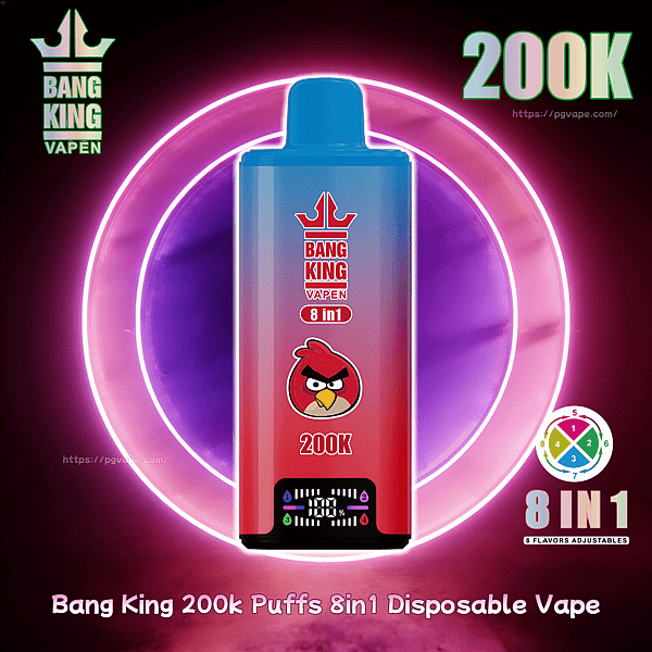 Bang King Vapen disposable vape with a red-to-blue gradient, crown logo, Angry Bird graphic, 200K puffs, and 8 in 1 flavors.