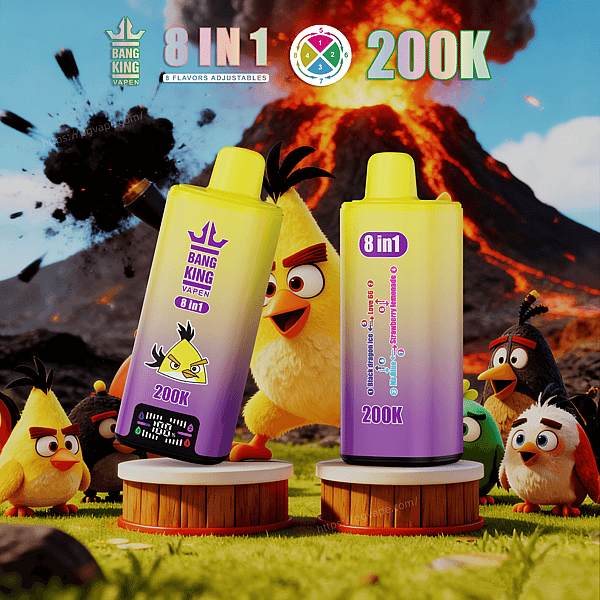 Two yellow-purple Bang King Vape bottles labeled 8 in 1 and 200K stand on wooden pedestals, with Angry Birds and an erupting volcano in the background.
