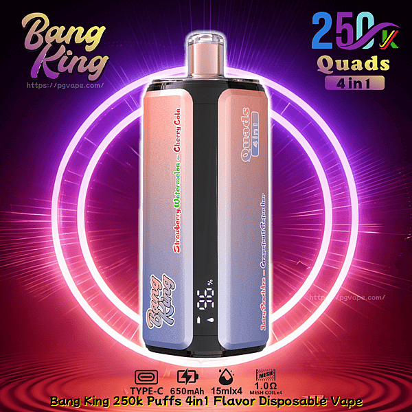 Bang King 250K Puffs Quads 4in1 disposable vape with pink-to-blue gradient body and four flavors: Strawberry Watermelon.