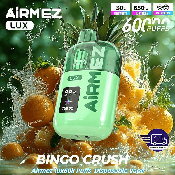 Mint-green Airmez Lux Bingo Crush disposable vape, 60 puffs, amid splashing oranges and fresh greenery.
