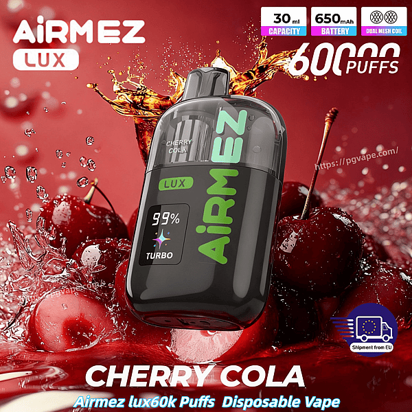 Airmez Lux disposable vape in gray with green AIRMEZ Lux text, cherry cola flavor label, splash of cherries.