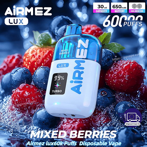 Airmez Lux disposable vape in blue and white with mixed berries, 600 puffs and 30 ml capacity.