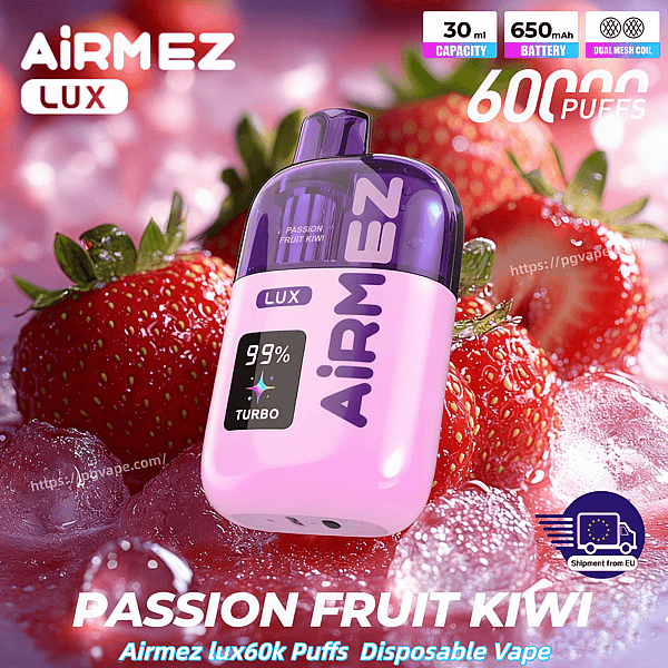 Pink Airmez Lux disposable vape with a purple cap, Passion Fruit Kiwi flavor, among strawberries and ice; 30 ml, 650 mAh.