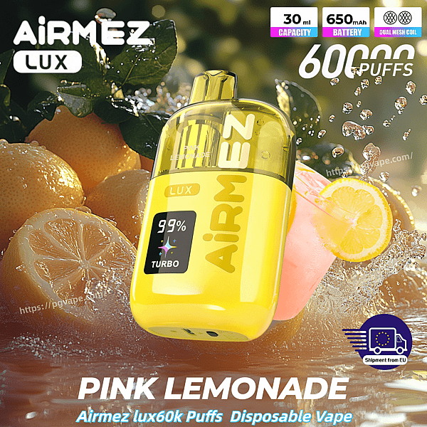 Bright yellow Airmez Lux Pink Lemonade disposable vape bottle with lemons and a pink lemonade drink in the background.