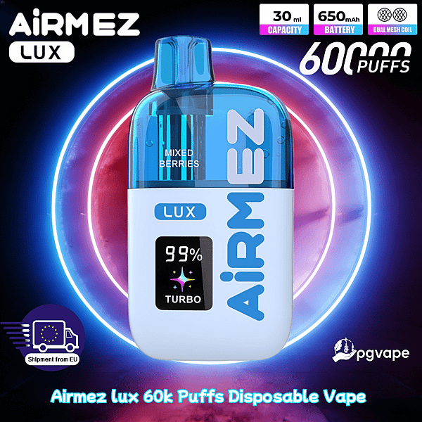 Blue translucent Airmez Lux disposable vape with Mixed Berries flavor, 60k puffs, turbo 99% indicator, and EU shipment logo.