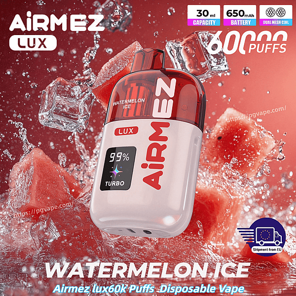 Airmez Lux Watermelon Ice disposable vape, red cap on white body, 30 ml capacity, 650 mAh, surrounded by ice and watermelon.
