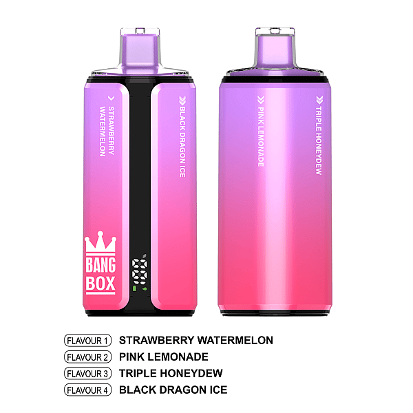 Two gradient pink‑to‑purple Bang Box vape devices with flavor labels Strawberry Watermelon, Black Dragon Ice, Pink Lemonade, and Triple Honeydew.