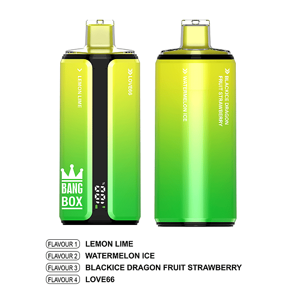 Two lime-green gradient vape pods with yellow tops; the left one shows Bang Box branding and Lemon Lime flavor, the right one shows Watermelon Ice and Black Ice Dragon Fruit Strawberry flavors.