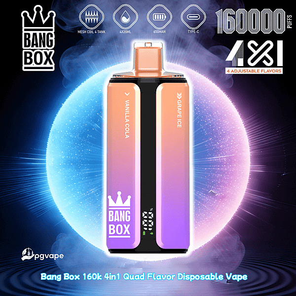 Bang Box 160k 4in1 disposable vape with vanilla cola and grape ice flavors, gradient panels, crown logo, cosmic background.