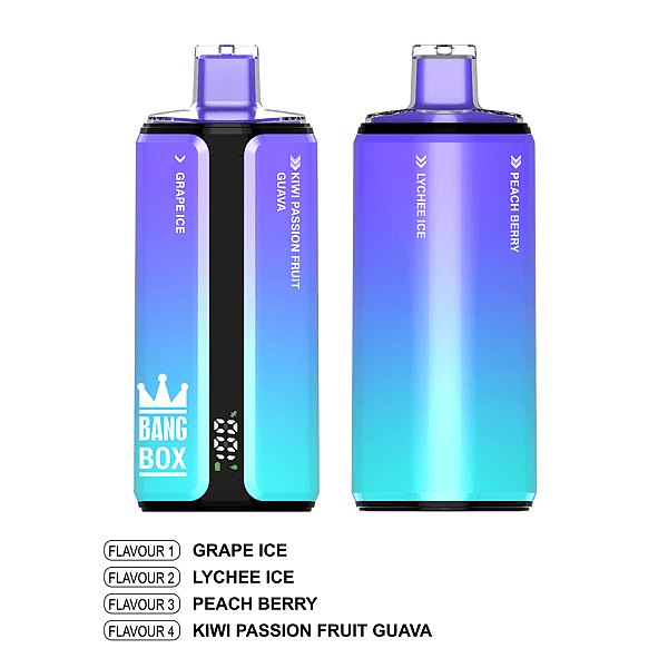 Two gradient purple-to-teal vape devices with purple mouthpieces; the front unit shows the Bang Box logo, a black display, and vertical labels Grape Ice and Kiwi Passion Fruit Guava, while the back unit shows Lychee Ice and Peach Berry.