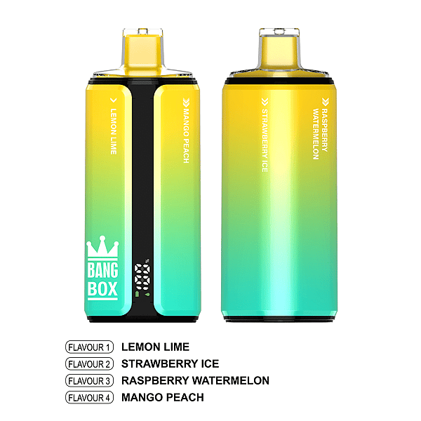 Two Bang Box vapes with a yellow-to-teal gradient; left shows Lemon Lime and Mango Peach, right Strawberry Ice and Raspberry Watermelon.