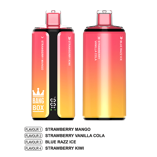 Two gradient disposable vapes with flavors Strawberry Mango, Strawberry Kiwi, Strawberry Vanilla Cola, and Blue Razz Ice