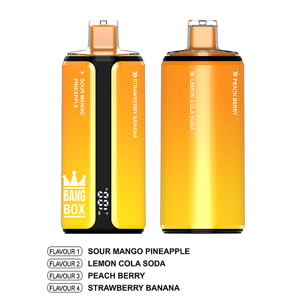 Two orange Bang Box flavor devices with gradient panels.