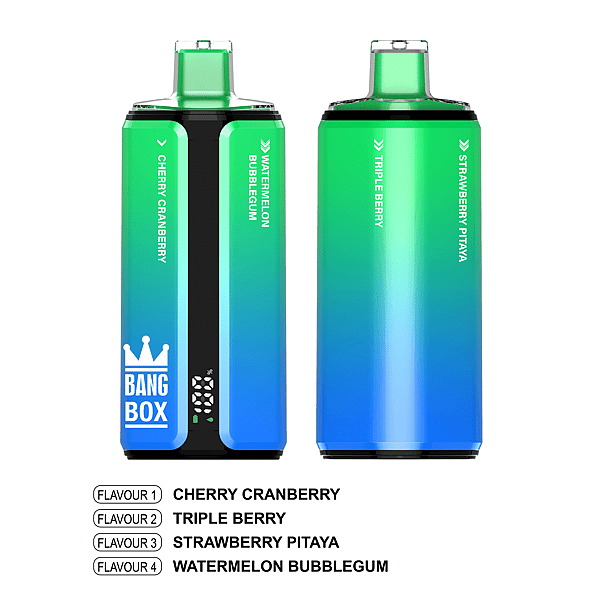 Two gradient green-to-blue vape pods; left Bang Box branded with Cherry Cranberry and Watermelon Bubblegum, right with Triple Berry and Strawberry Pitaya