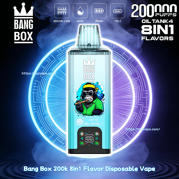 Blue Bang Box disposable vape with mint ice oil tank, set against neon circular background and 200k puffs 8in1 flavors
