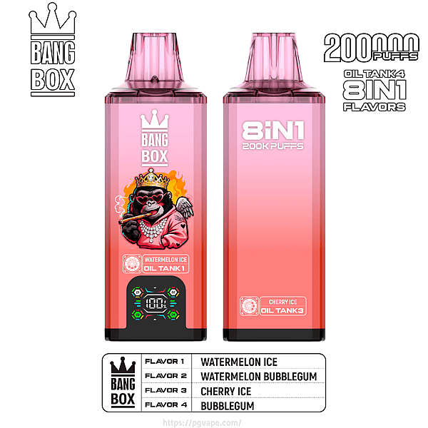 Two pink Bang Box vape devices; left shows crowned monkey and Watermelon Ice, right shows 8IN1 200K Puffs with Cherry Ice.