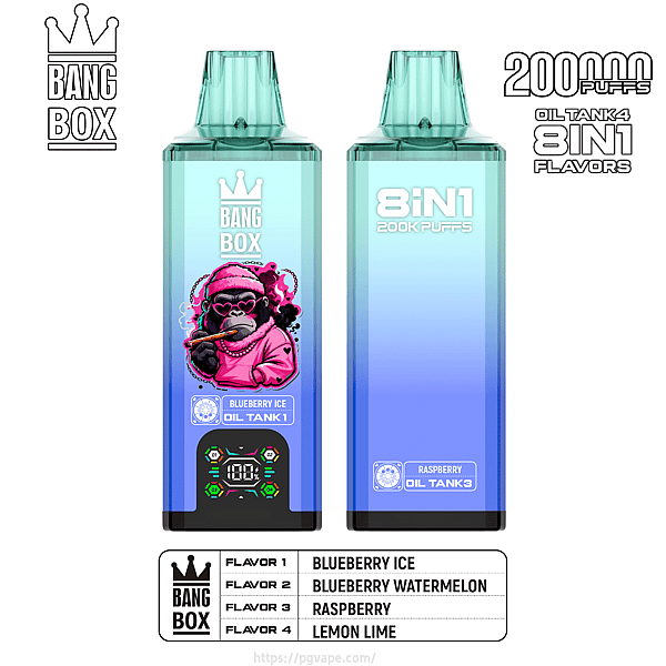 Two vape devices side by side: Bang Box with a pink cartoon monkey smoking (Blueberry Ice) and 8IN1 200K Puffs with a blue gradient.