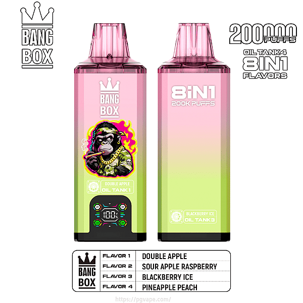 Two pink gradient Bang Box vape devices side by side; left features a smoking monkey cartoon, right reads 8IN1 200K PUFFS.