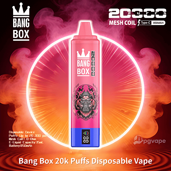 Pink Bang Box 20k Puffs disposable vape with demon-head artwork on a blue base, set against a neon ring background.
