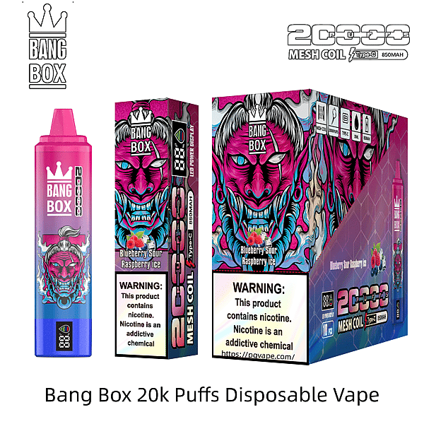 Bang Box 20k Puffs disposable vape with pink gradient device and neon demon artwork on packaging, flavor Blueberry Sour Raspberry Ice.