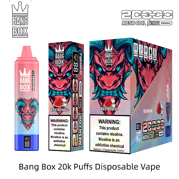 Watermelon ice Bang Box 20k puffs disposable vape featuring a pink-to-blue device and dragon artwork on colorful boxes.
