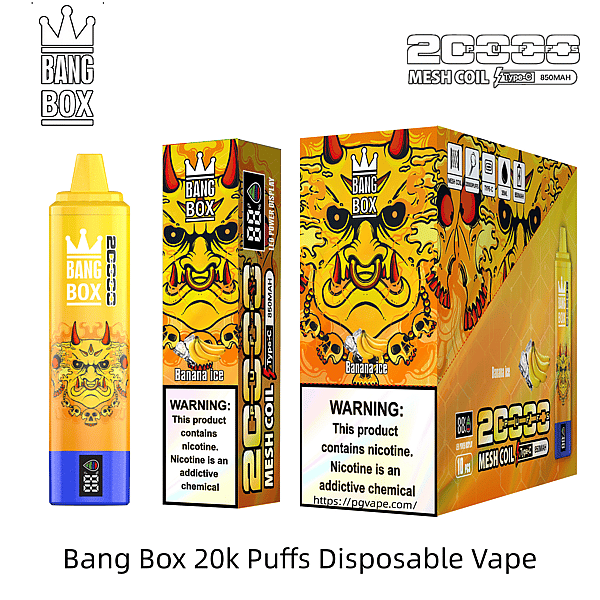 Bright yellow Bang Box 20k Puffs Banana Ice disposable vape with crown logo, shown with orange packaging featuring skull-faced demon art.