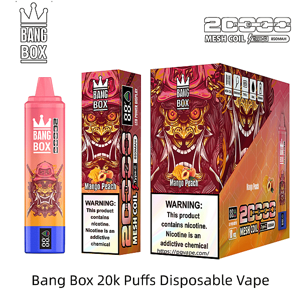 Mango Peach Bang Box disposable vape set with a pink gradient bottle and dragon-themed boxes labeled 20k puffs