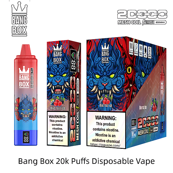 Bang Box 20k Puffs disposable vape with blue fierce monster artwork, blue razz ice flavor, and nicotine warning