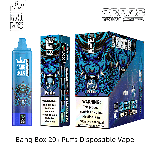 Blue Bang Box 20k puffs disposable vape featuring a dragon artwork, with a matching blue bottle and boxes labeled Mr blue.
