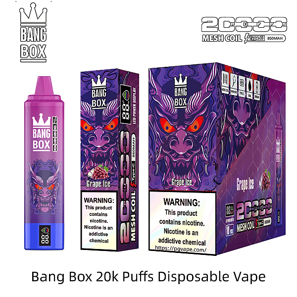 Purple Bang Box 20k Puffs disposable vape with grape ice flavor, shown with purple dragon-themed packaging.