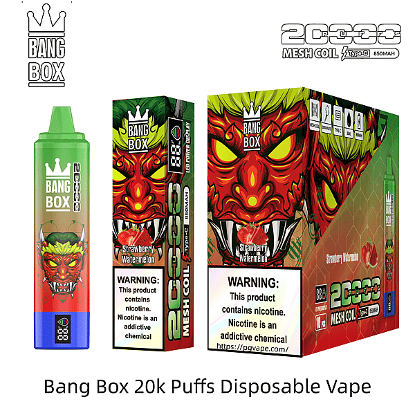 Bang Box 20k Puffs disposable vape with a green bottle and boxes showing a red demon face and Strawberry Watermelon.