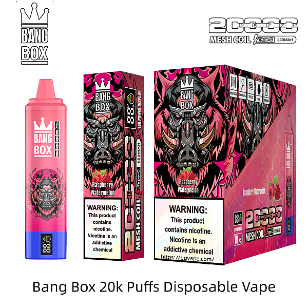 Pink Bang Box 20k puffs disposable vape with a bold gorilla mask design and Raspberry Watermelon flavor.