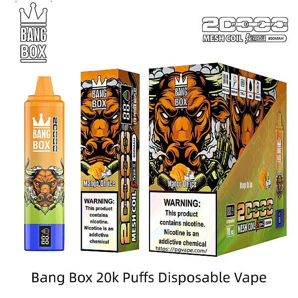 Bang Box Mango On Ice disposable vape with 20k puffs, featuring bold gorilla artwork and crown logo on the packaging.
